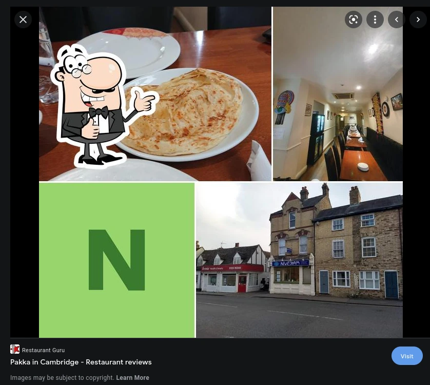 A collage of four images concerning Pakka that I nicked off a random website. Clockwise from top left they are: a picture of someone's naan with a cartoon butler pointing at it approvingly; a picture of a narrow hallway with a long table in it; a badly framed image of the restaurant from the other side of the road; and a green square with a large 'N' in it. The whole thing is enclosed in the Google Images interface with the close, resize, next and previous buttons at the top: the image is from 'Restaurant Guru', the title is 'Pakka in Cambridge - Restaurant reviews', and below it says 'Images may be subject to copyright'.