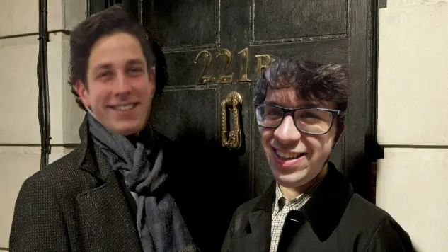 A crudely edited image where the faces of Tom de Jong and myself are pasted over the faces of Sherlock and Watson from the BBC series Sherlock, standing in front of the door to 221B Baker Street