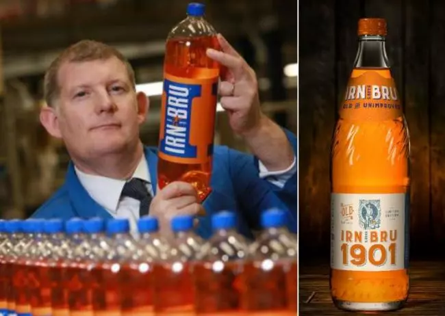 Todd inspecting a regular Irn Bru, compared to the new old one