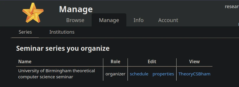 The manage tab of the researchseminars.org interface, showing the theory seminar row with the 'schedule' link in it